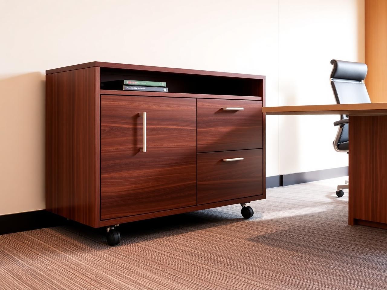 Credenza móvil ejecutivo — mobiliario corporativo MXELEVO en ambiente de oficina ejecutiva.