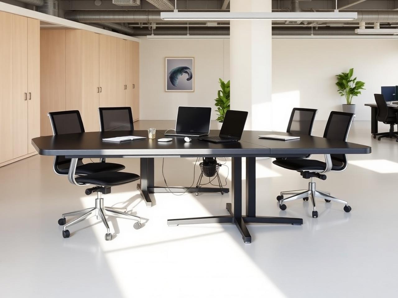 Mesa colaborativa para equipo — mobiliario corporativo MXELEVO en ambiente de oficina ejecutiva.